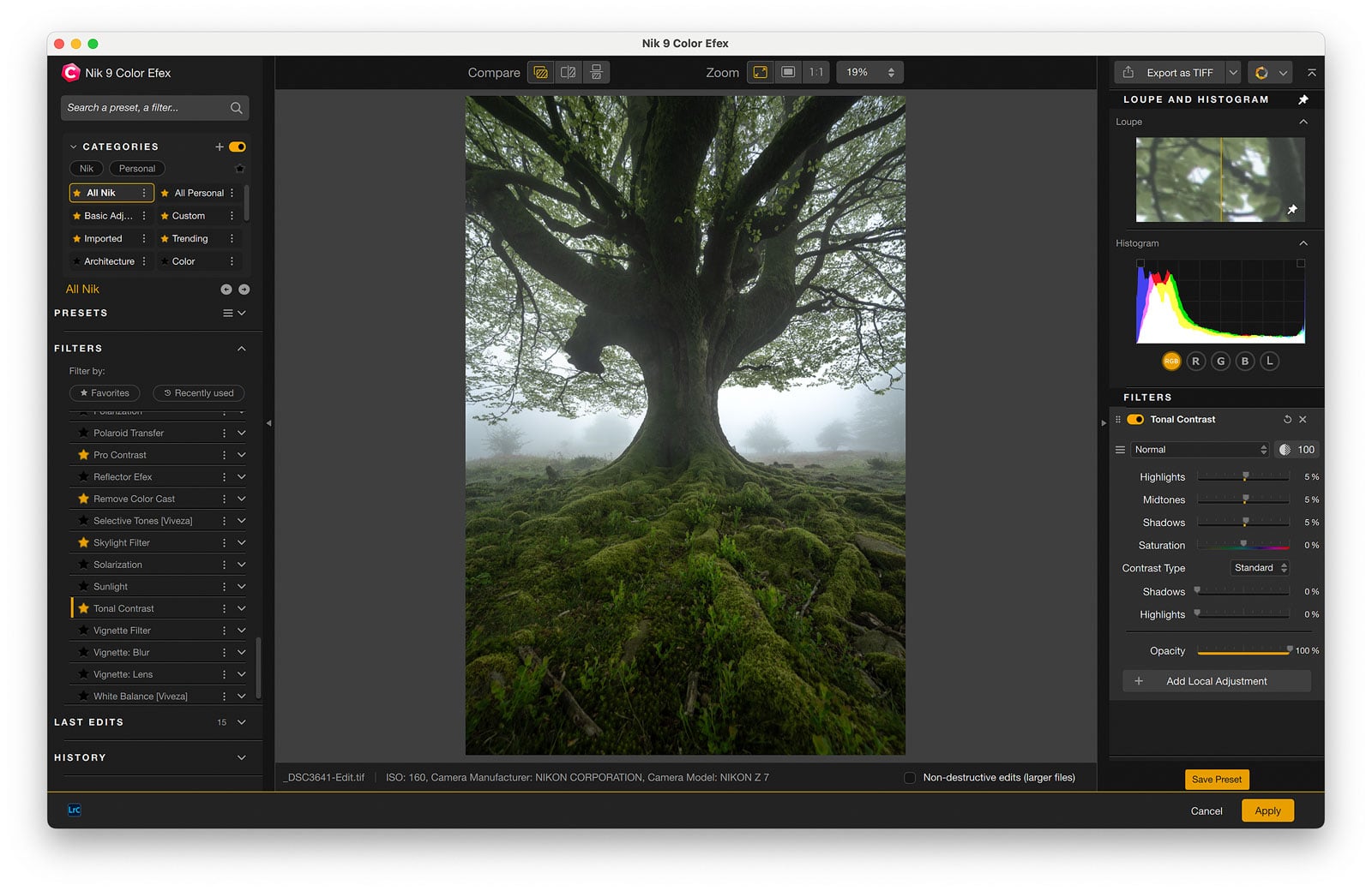 The interface of Nik 9 Color Efex by DxO